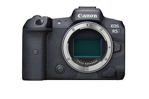Cámara sin espejo de fotograma completo Canon EOS R5 con video 8K, sensor CMOS de fotograma completo de 45 megapíxeles, procesador de imagen DIGIC X, ranuras para tarjetas de memoria dobles y obturador mecánico de hasta 12 fps, solo cuerpo